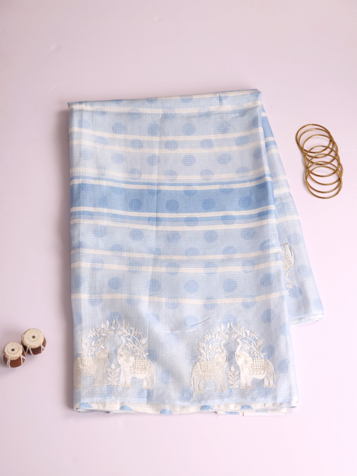 Light Blue Striped Kota Silk Saree With Embroidered Border