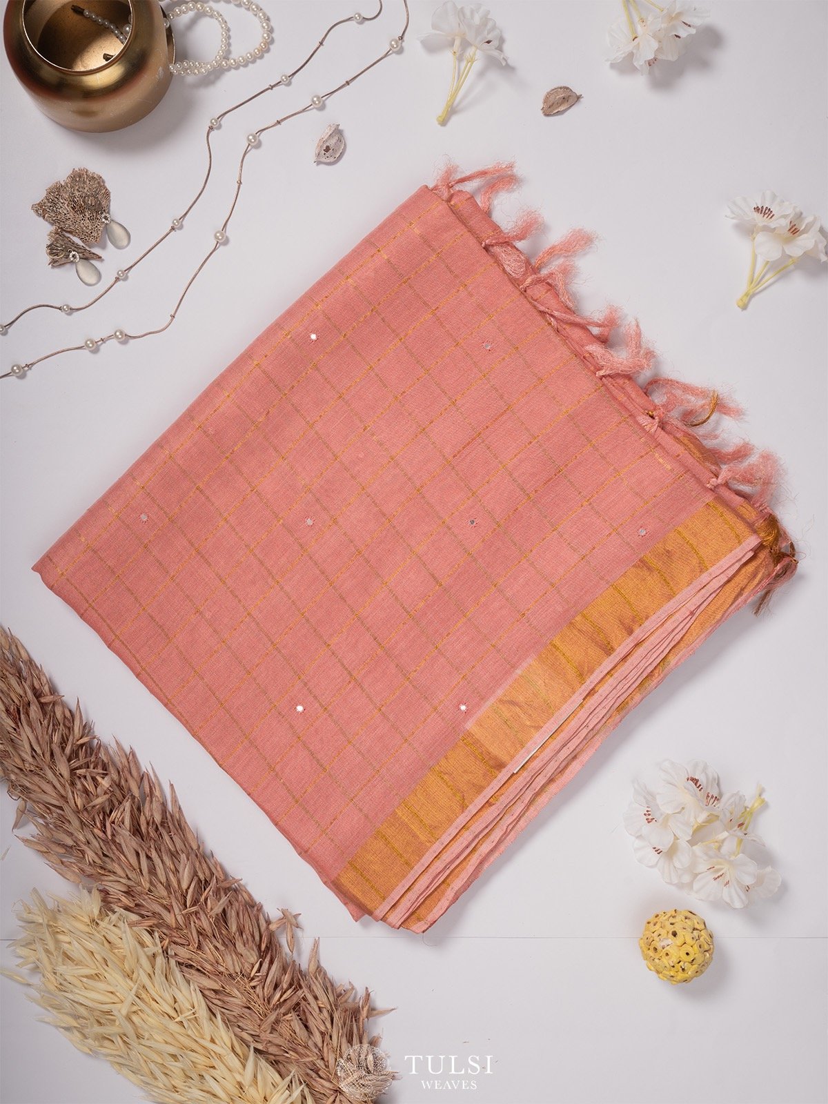 Peach Tussar Silk Saree with Embroidery Blouse