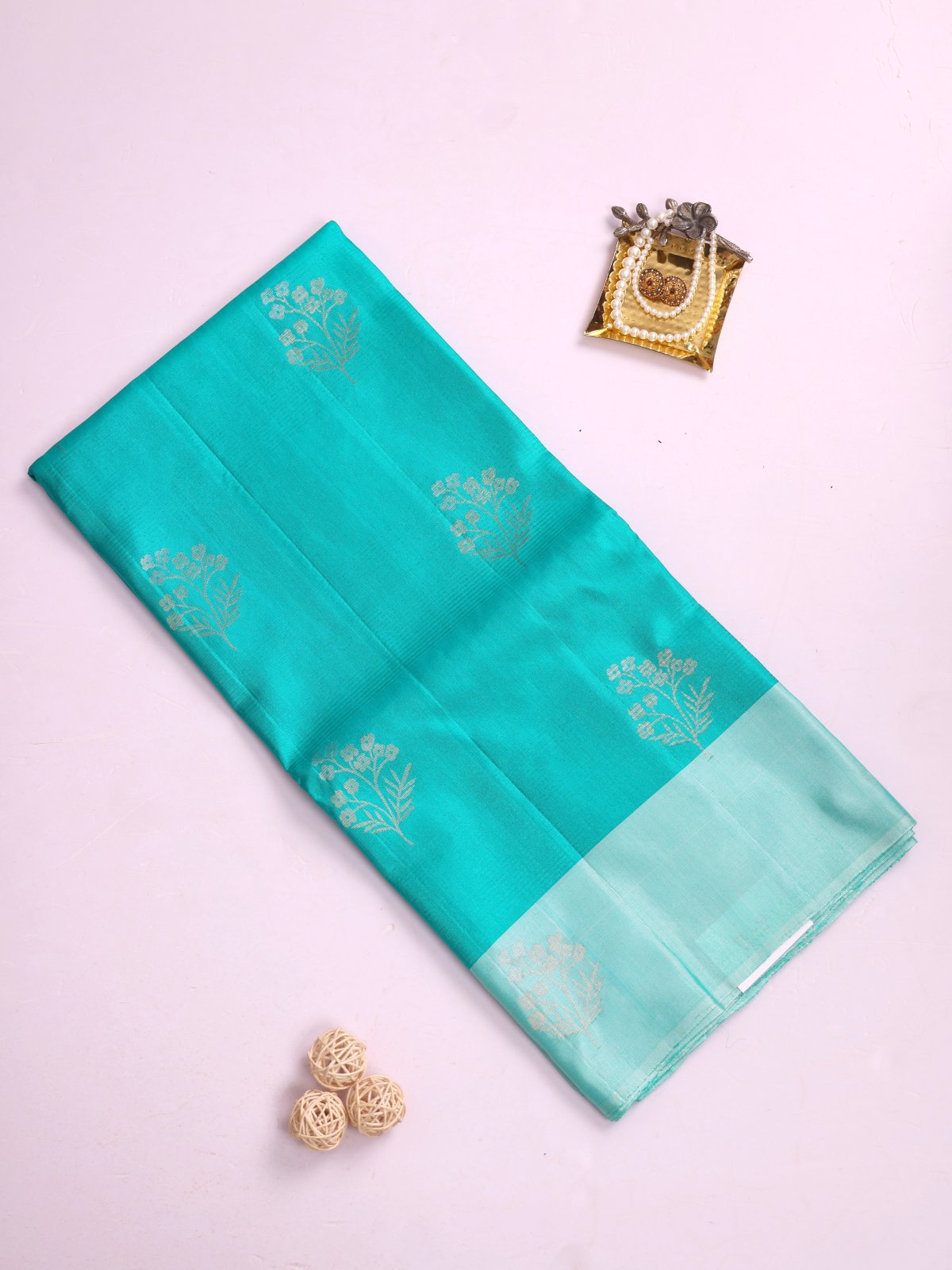 Greenish Blue Soft Silk Tussar Saree With Light Blue Border