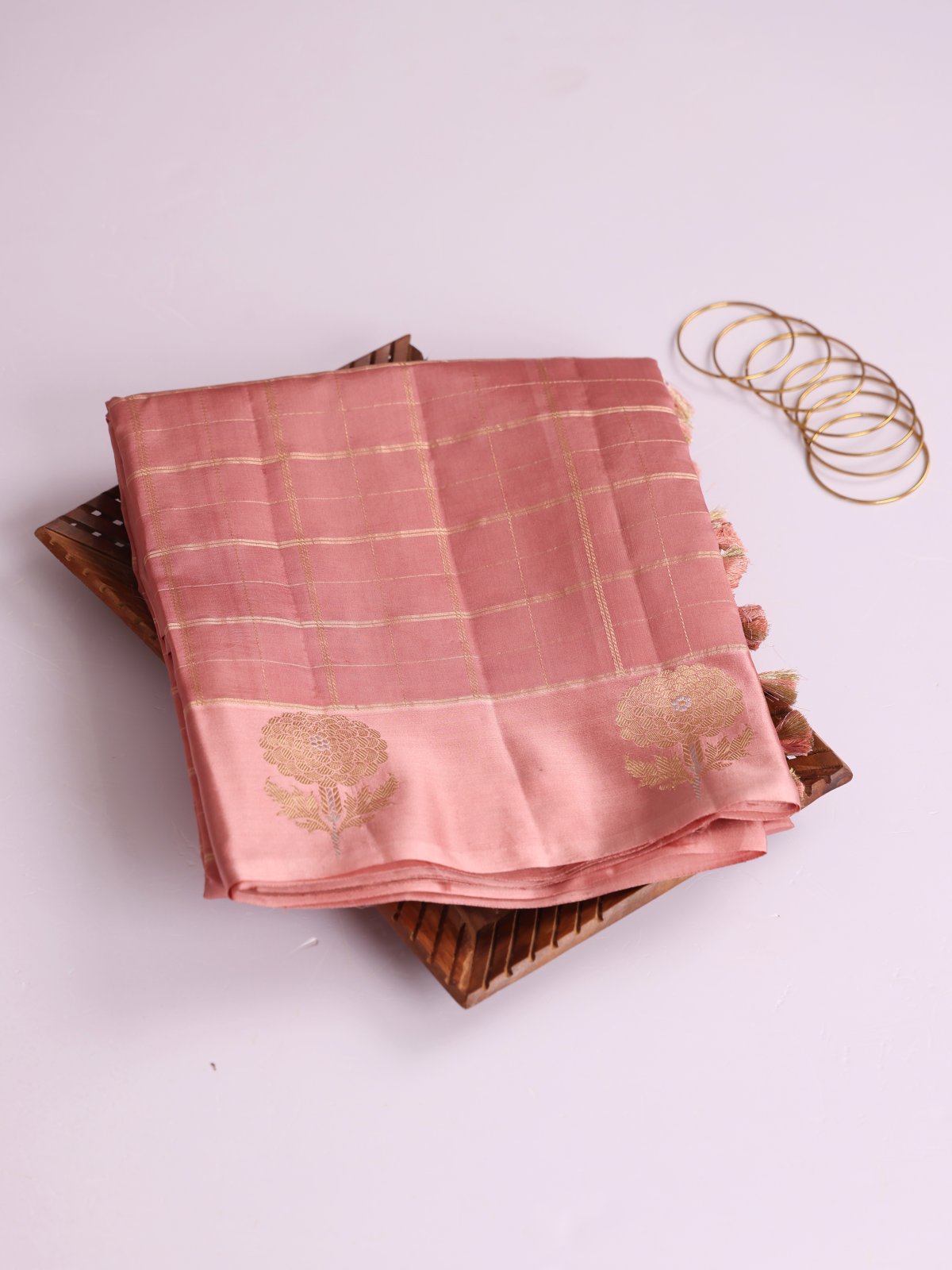 Dusty Peach Zari Checked Mashru Silk Saree With Satin Border