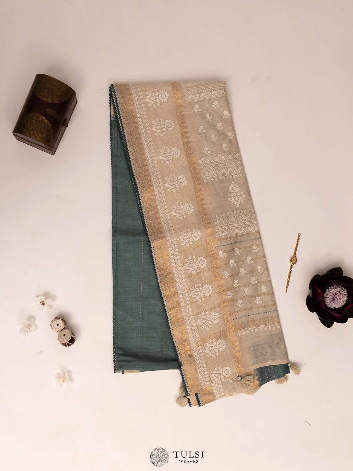 Dusty Green Moonga Tussar Silk Saree