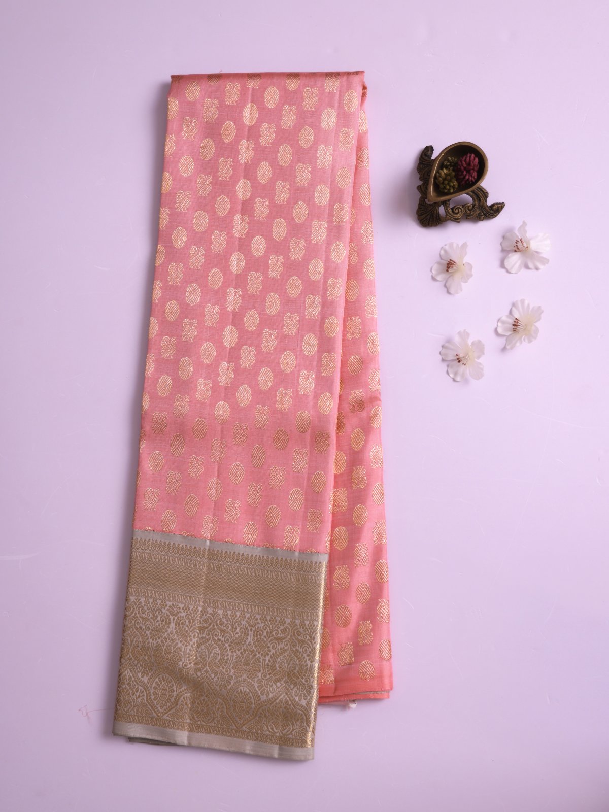 Peach Pink Kanjeevaram Silk Pavadai with Light Grey Border