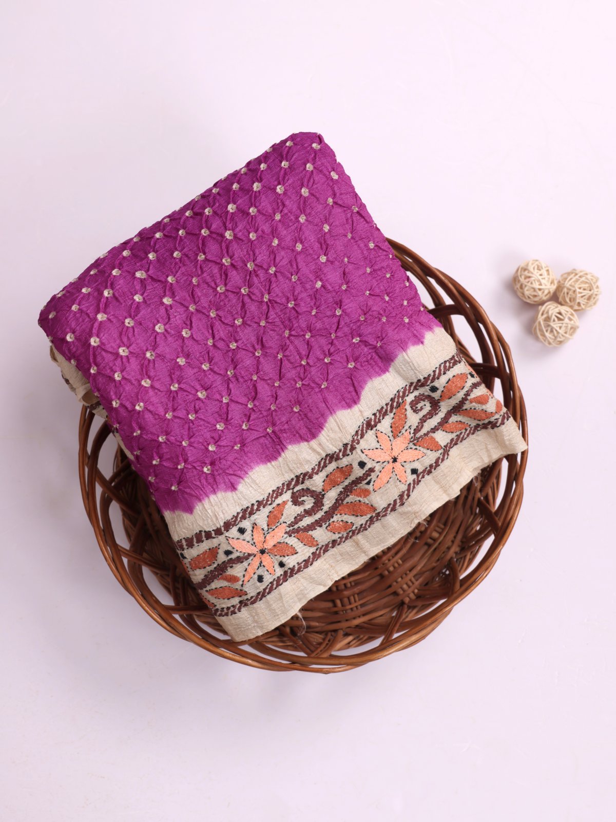 Purple Bandhini Tussar Silk Saree With Embroidered Border