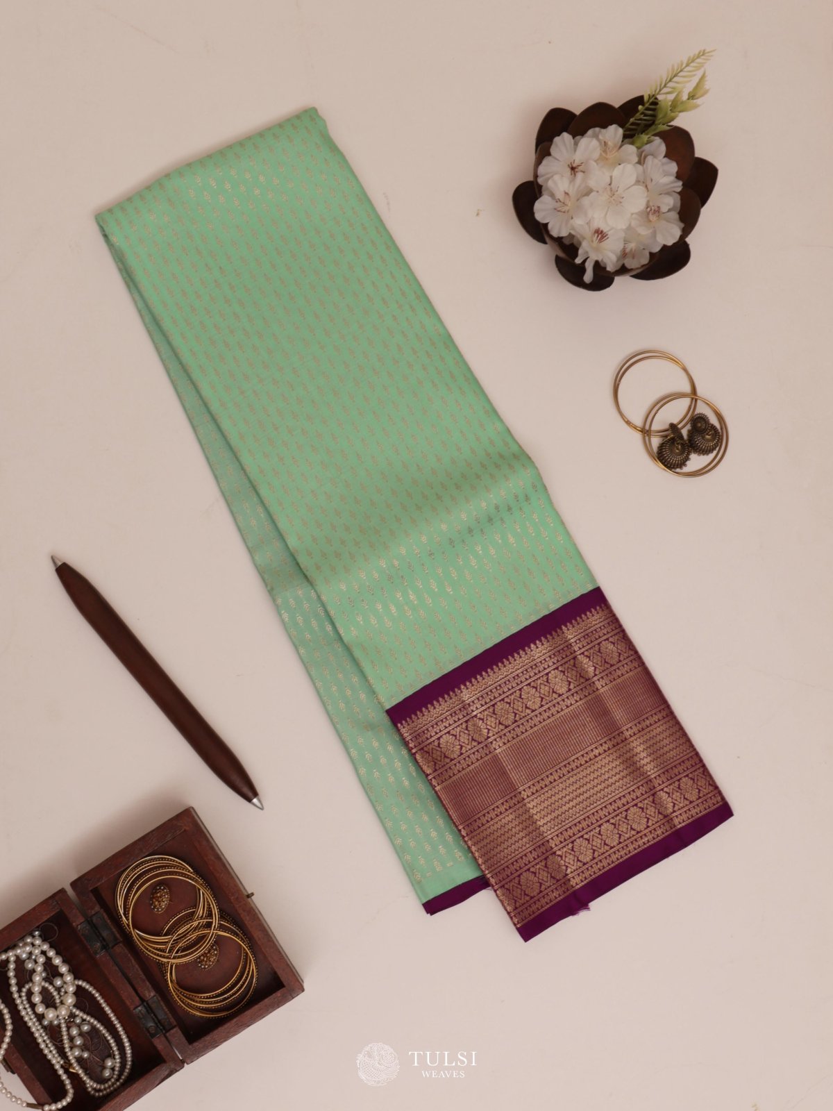 Pista Green Kanjeevaram Silk Pavadai With Purple Border