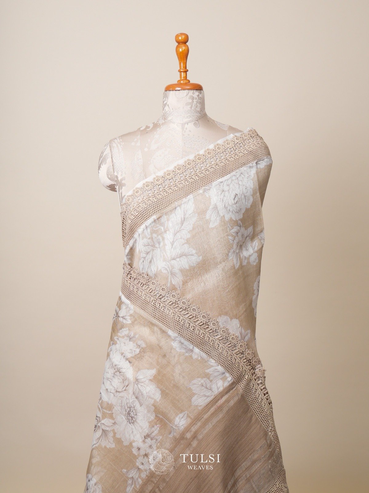 Beige Printed Linen Silk Saree with Lace Border