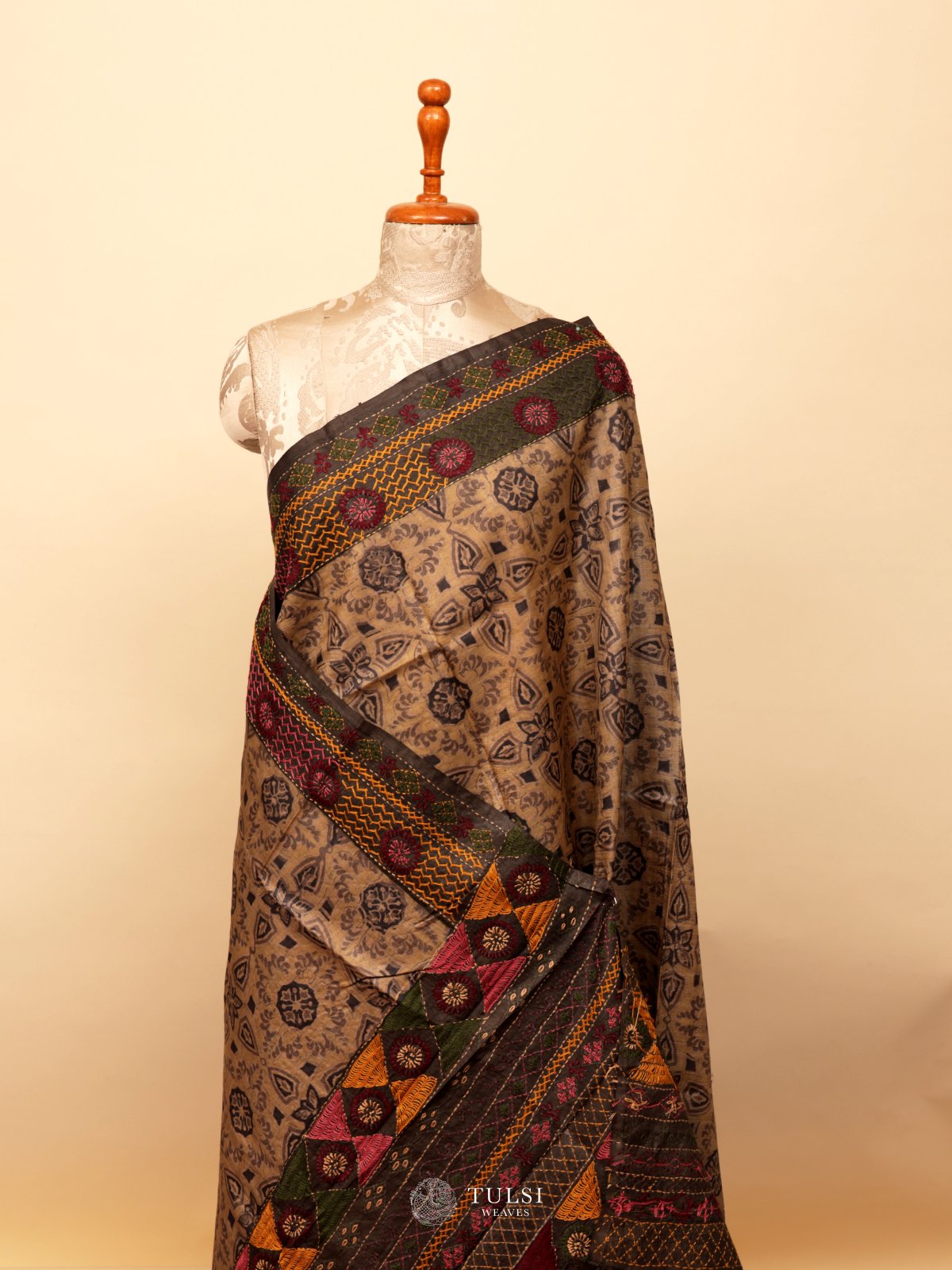 Khaki Tussar Silk Saree With Kantha Embroidery
