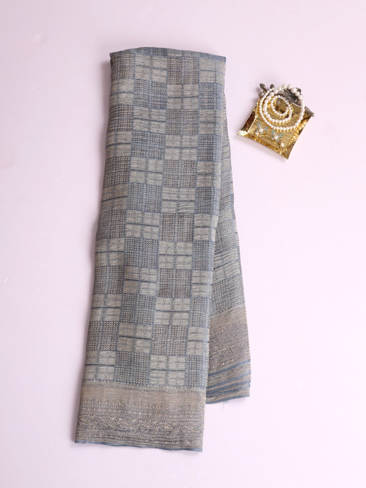 Light Bluish Grey Brocade Georgette Silk Saree