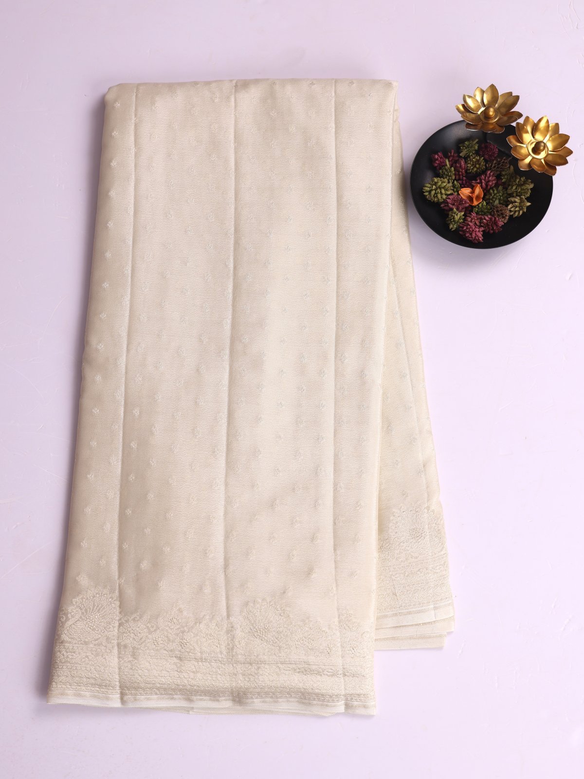 Off White Banaras Crepe Silk Saree