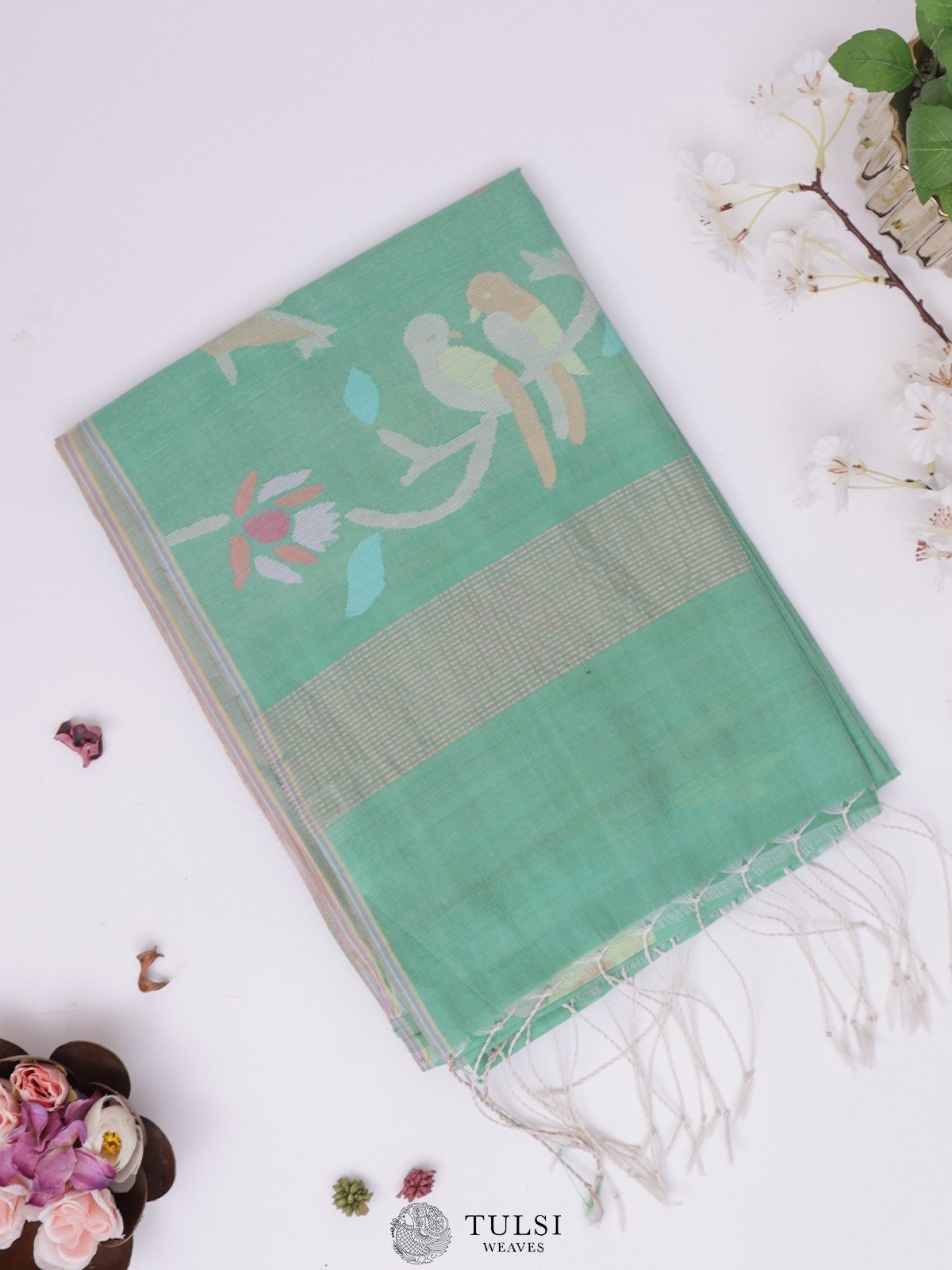 Teal Green Chanderi Jamdani Silk Saree