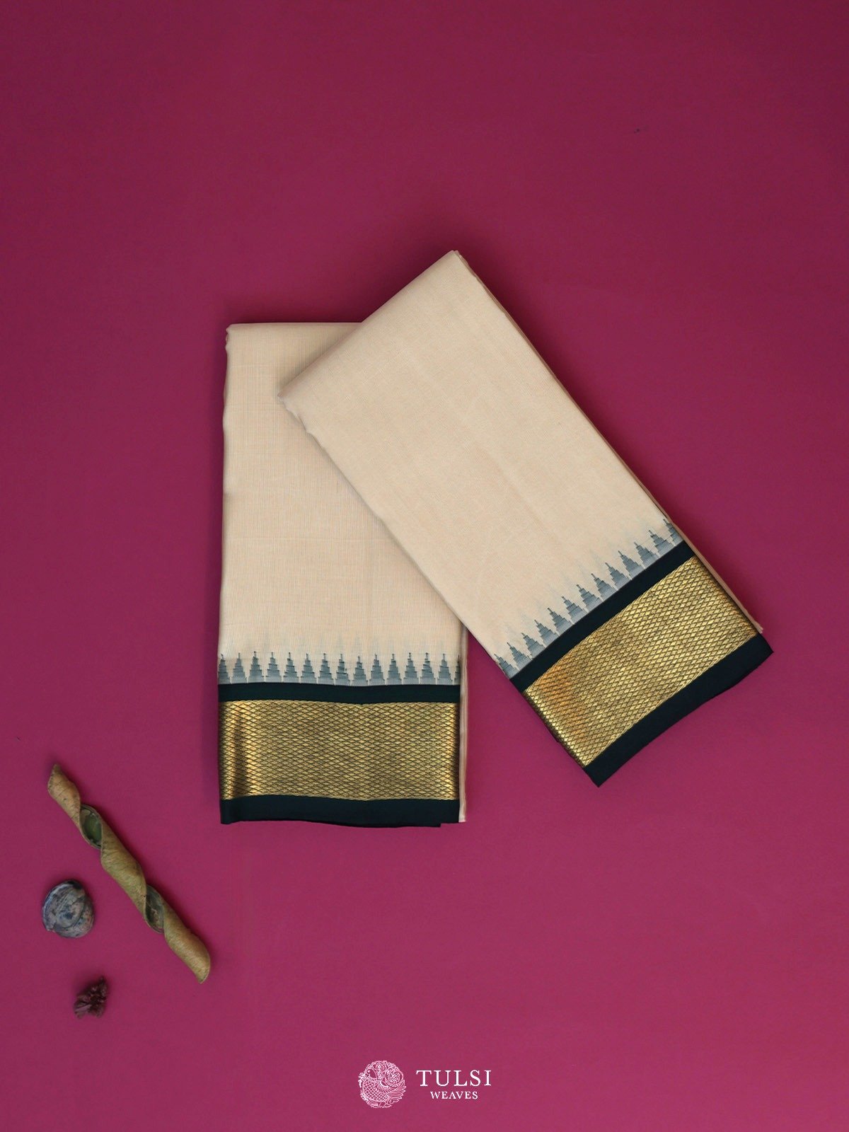 Beige Silk Dhoti and Vasthram With Gold Self Zari Border
