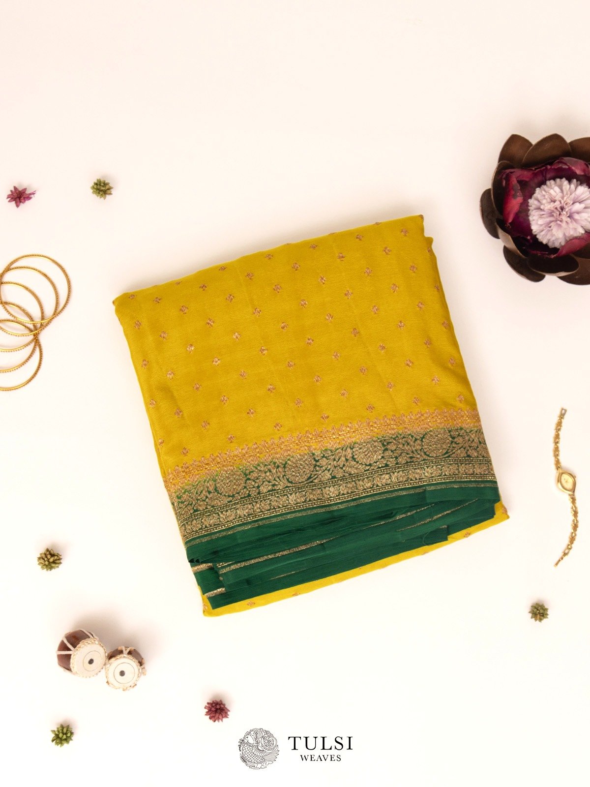 Mustard Banaras Crepe Silk Saree