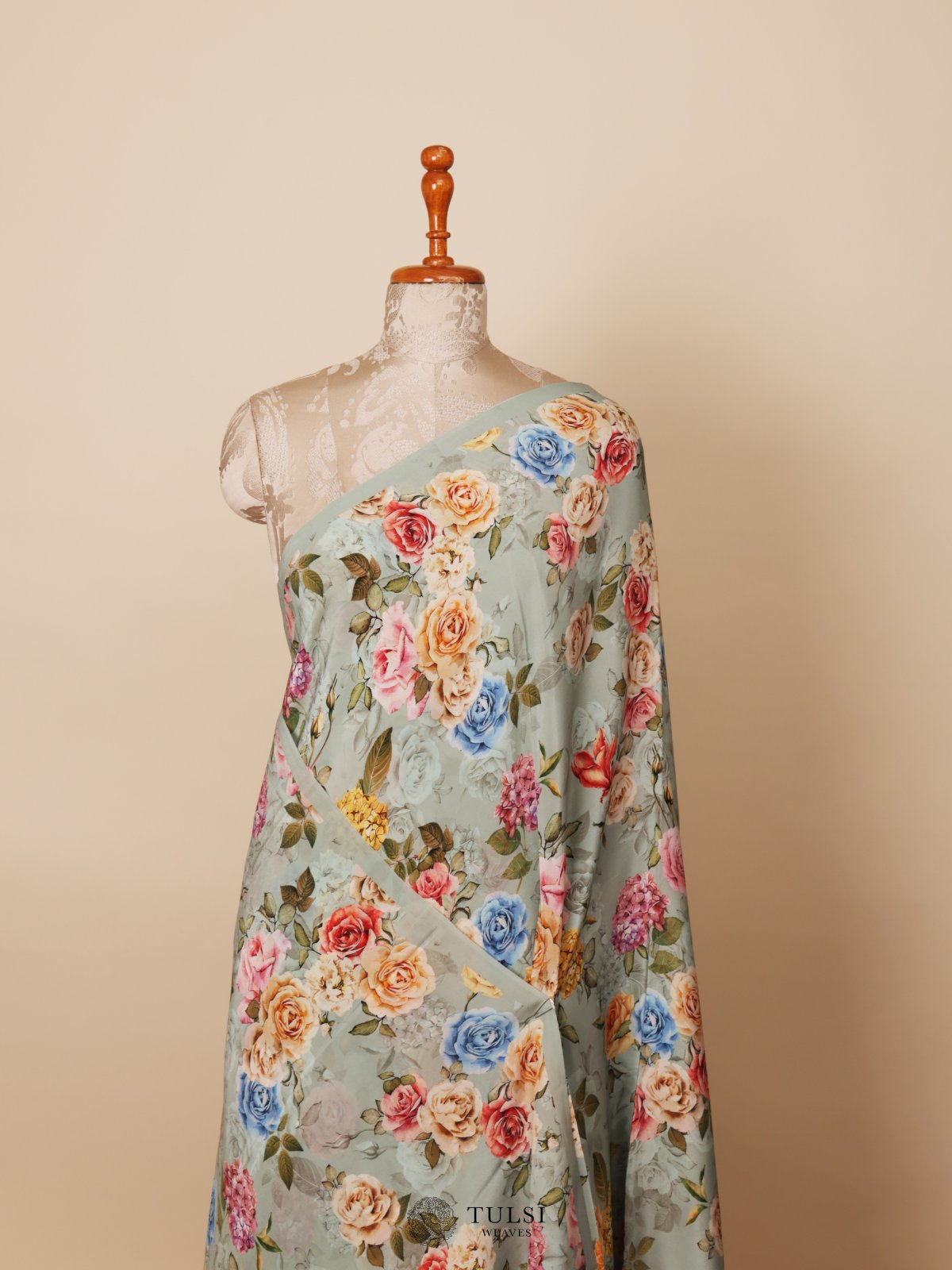 Light Basil Floral Printed Crepe Silk Saree