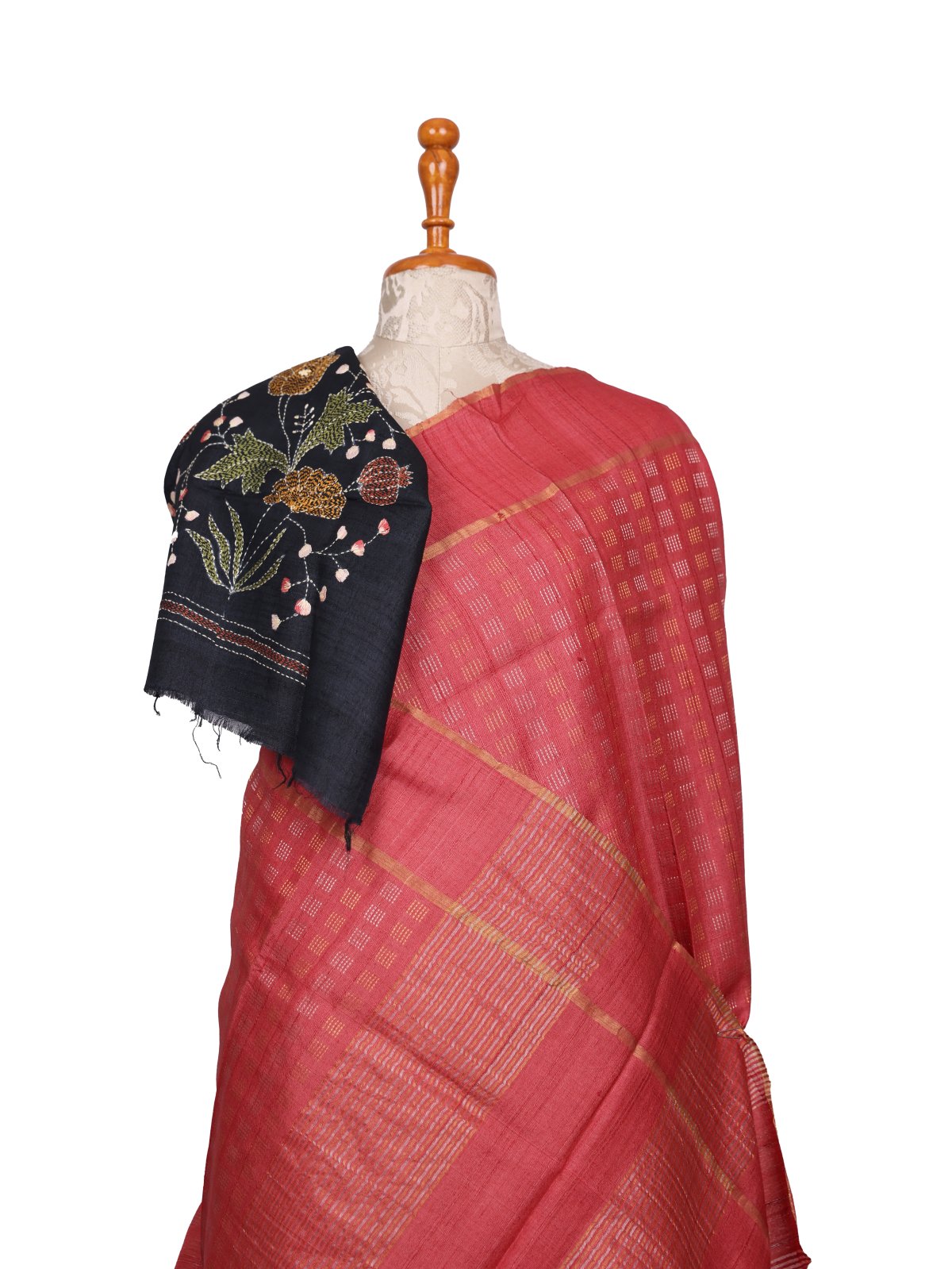 Pastel Red Tussar Silk Saree With Kantha Embroidered Blouse