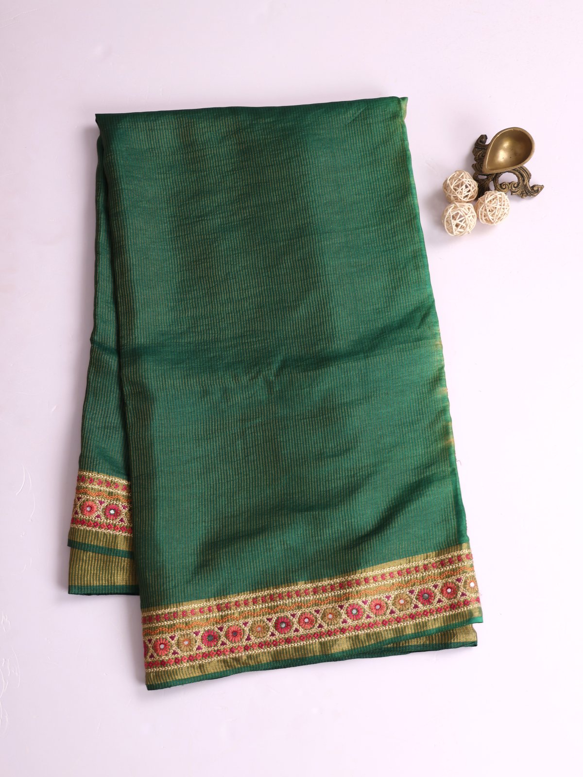 Green Zari Striped Tussar Silk Saree With Embroidered Border 