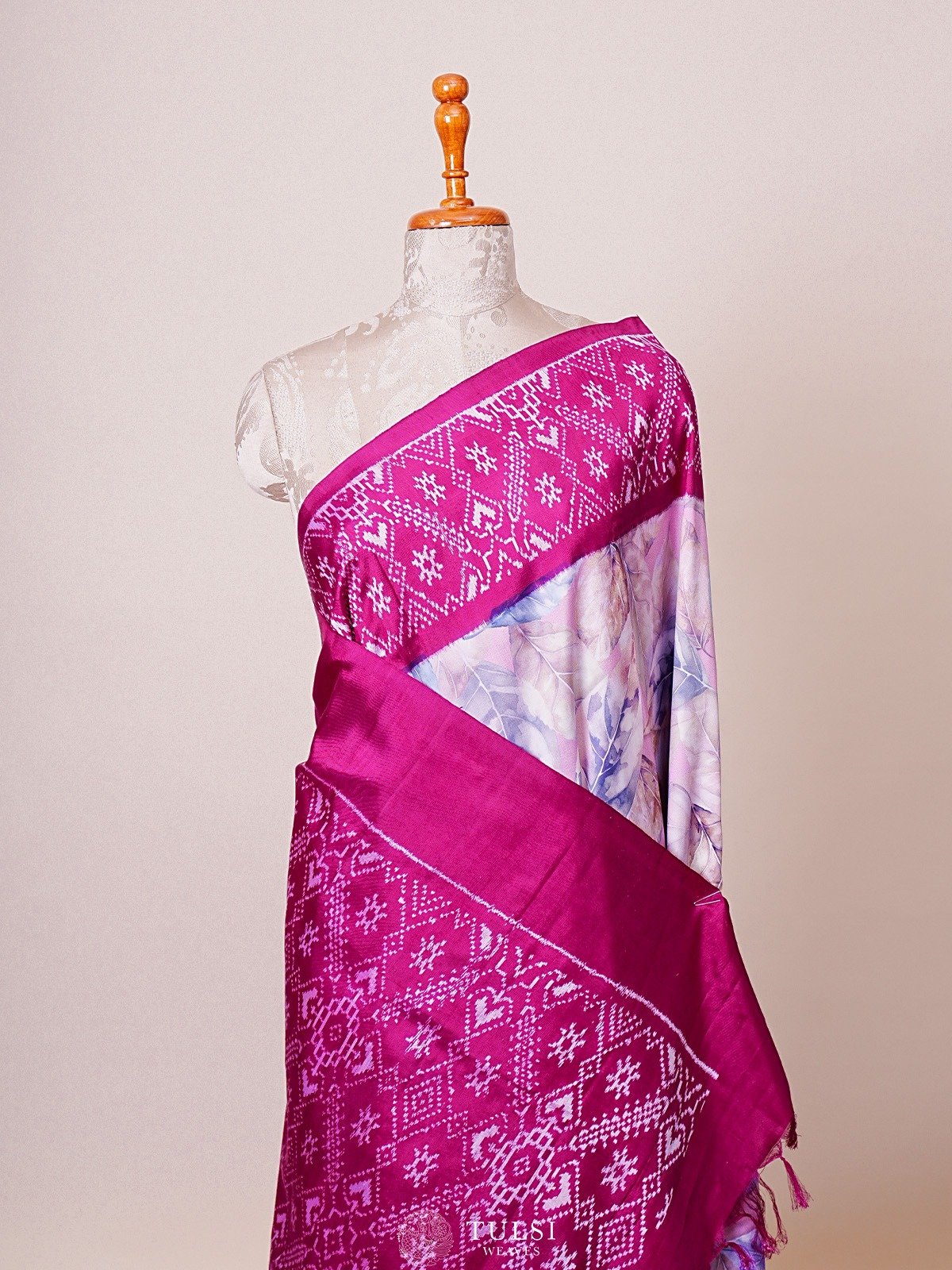 Pink Printed Kanjeevaram Silk Saree with Ikat Border