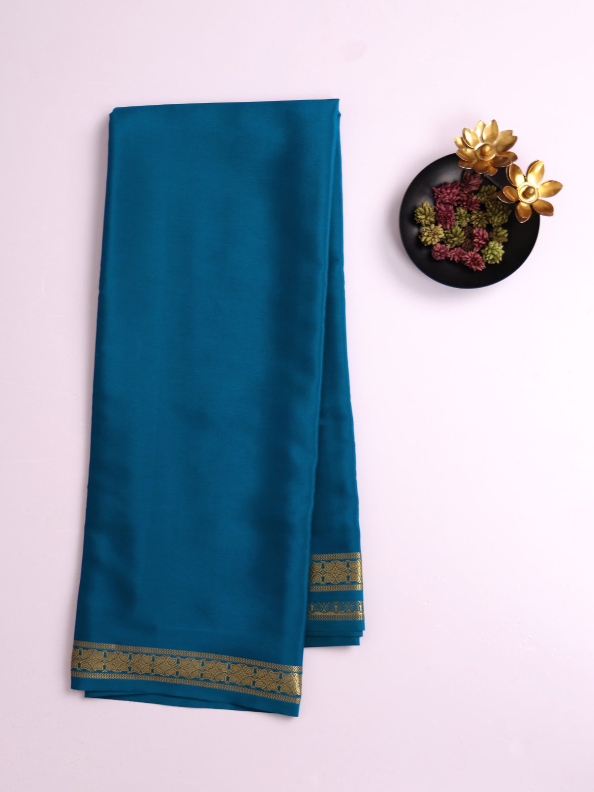 Peacock Blue Mysore Silk Saree With Zari Border