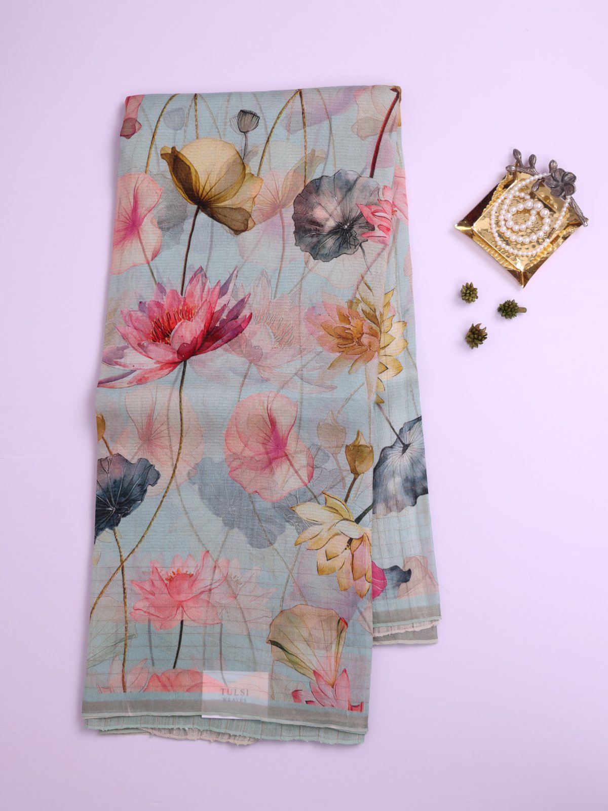 Light Greenish Blue Printed Organza Silk Saree with Jamdani Pallu