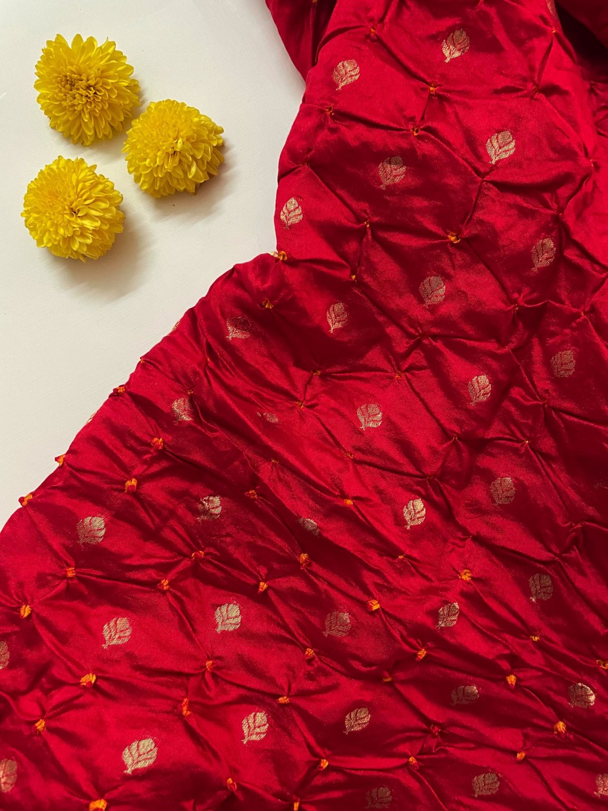 Vermillion Red Bandhani Silk Blouse With Gold Zari 