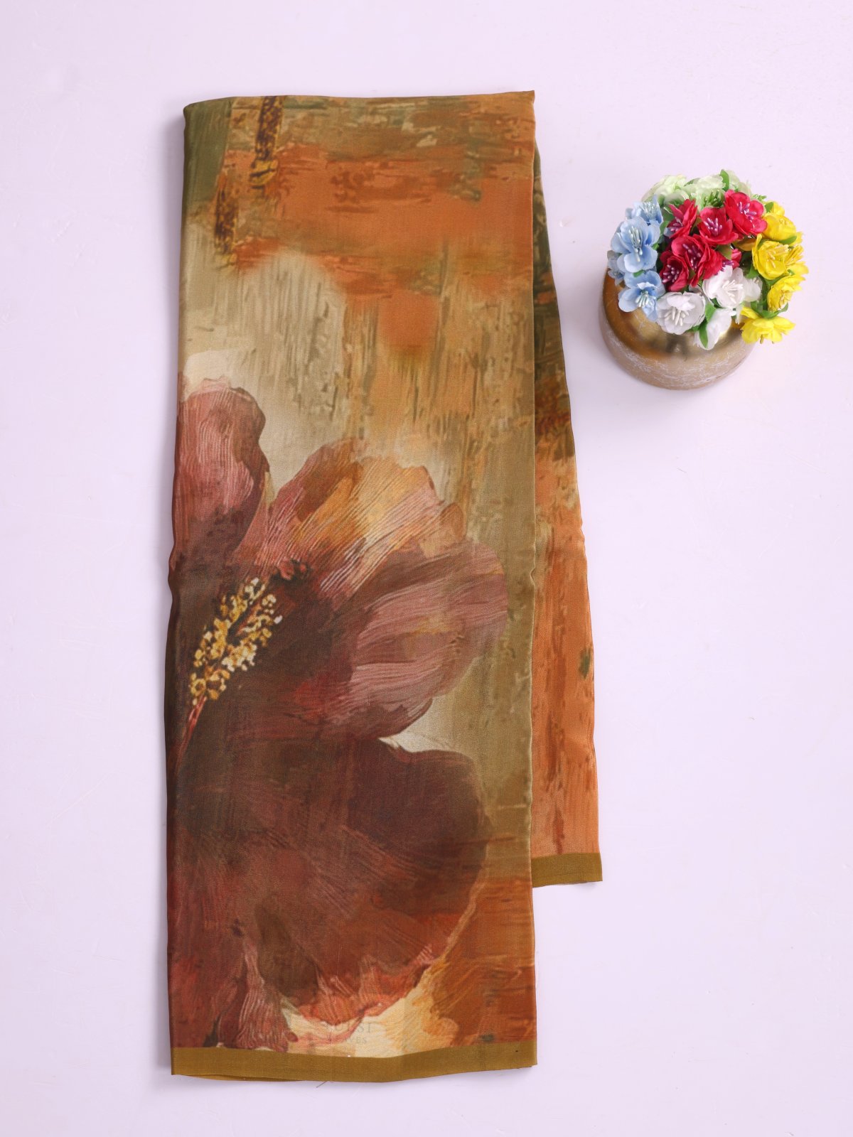Yellowish Brown Printed Crepe Silk Saree