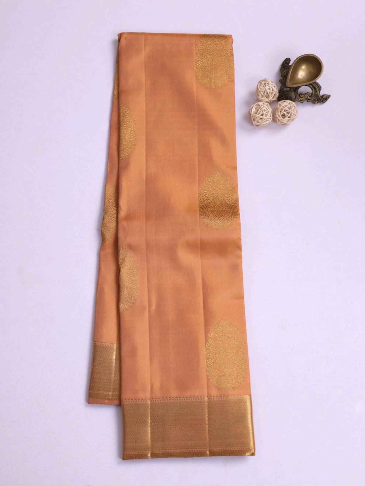 Peach Orange Kanjeevaram Silk Saree With Zari Border