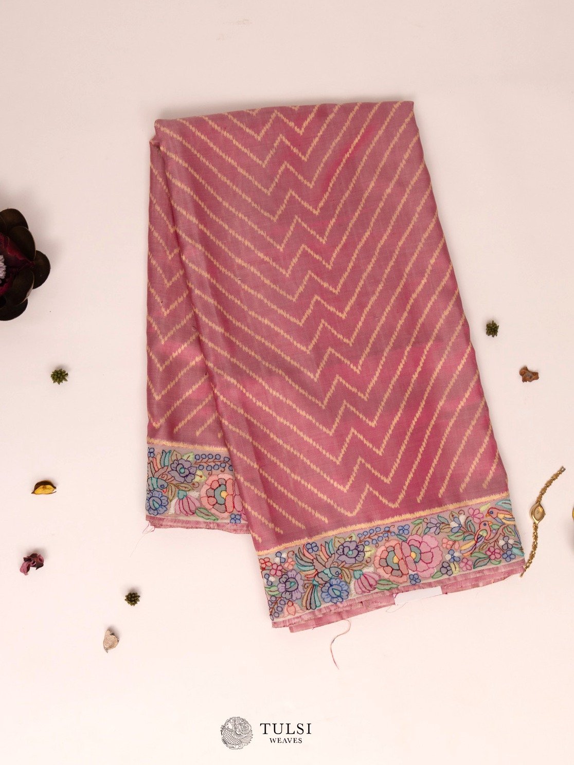 Dusty Pink Ikat Silk Saree With Hand Embroided Border