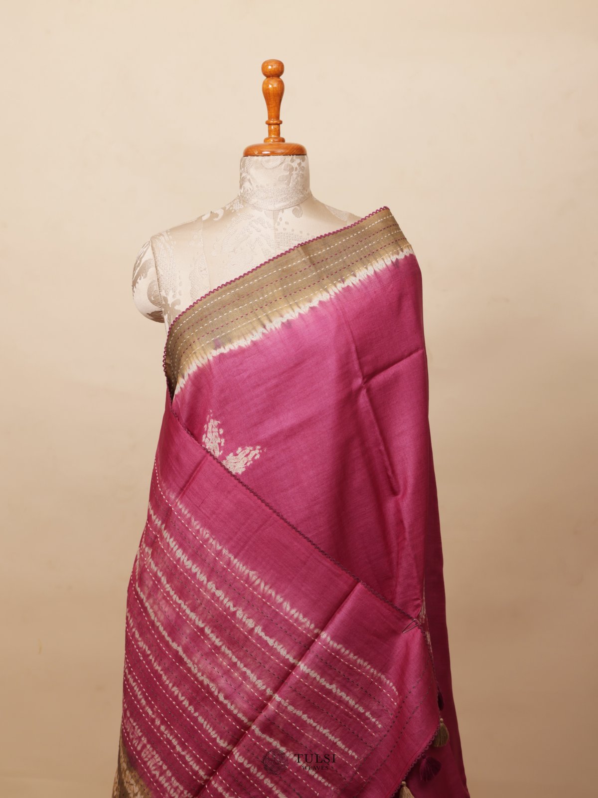 Purplish Pink Shibori Tussar Silk Saree