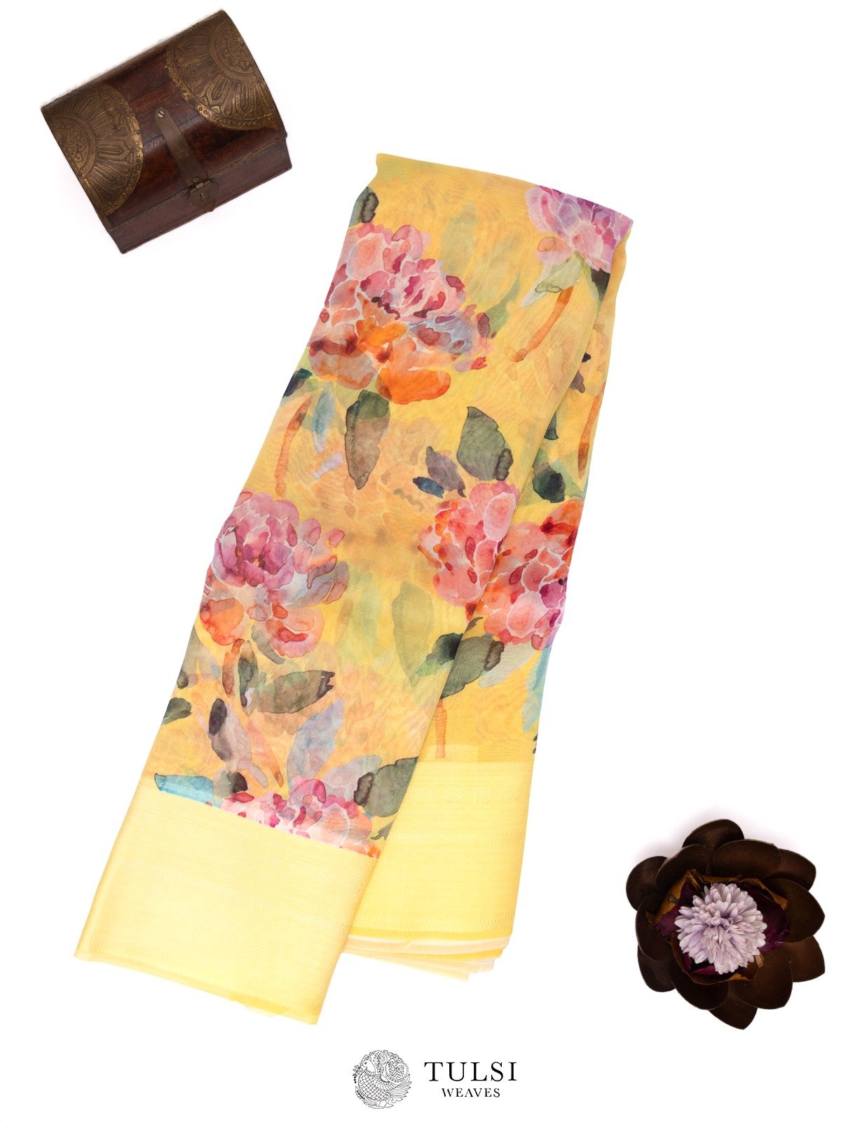 Yellow Floral Printed Organza Silk Saree