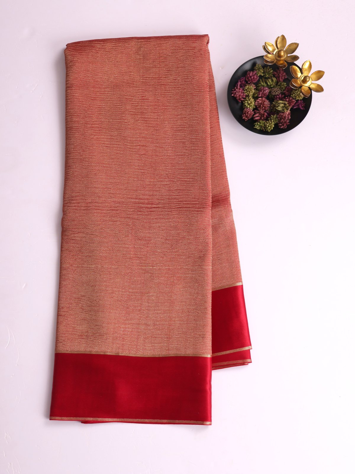 Red Zari Striped Mysore Silk Saree With Satin Border