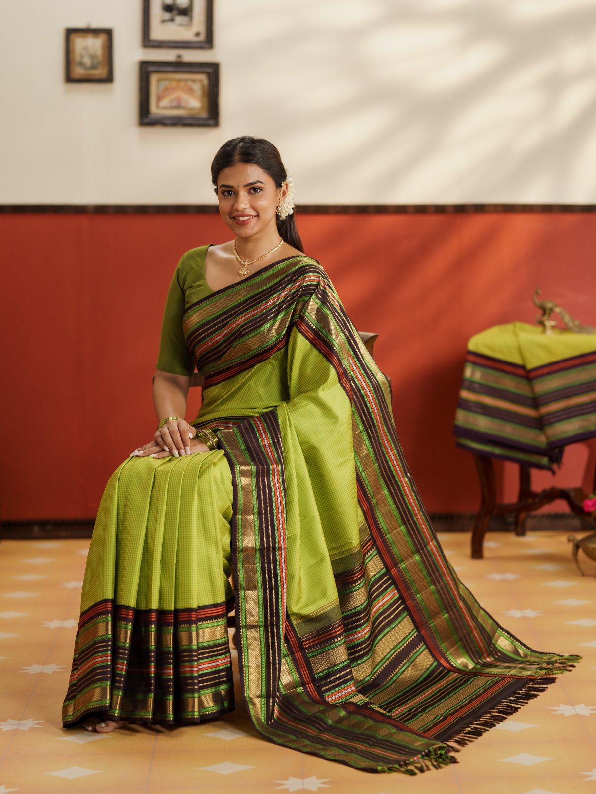 Vintage 24 - Yellow And Light Green Checked Kanjeevaram Silk Saree With Dark Brownish Blue Border