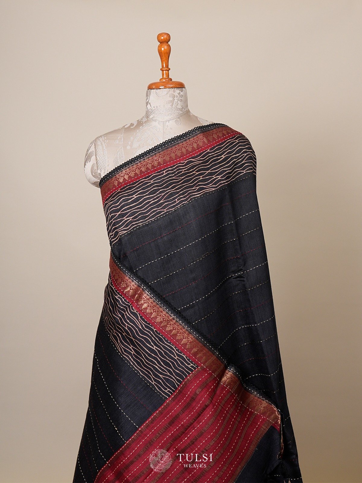 Black Printed Tussar Silk Saree