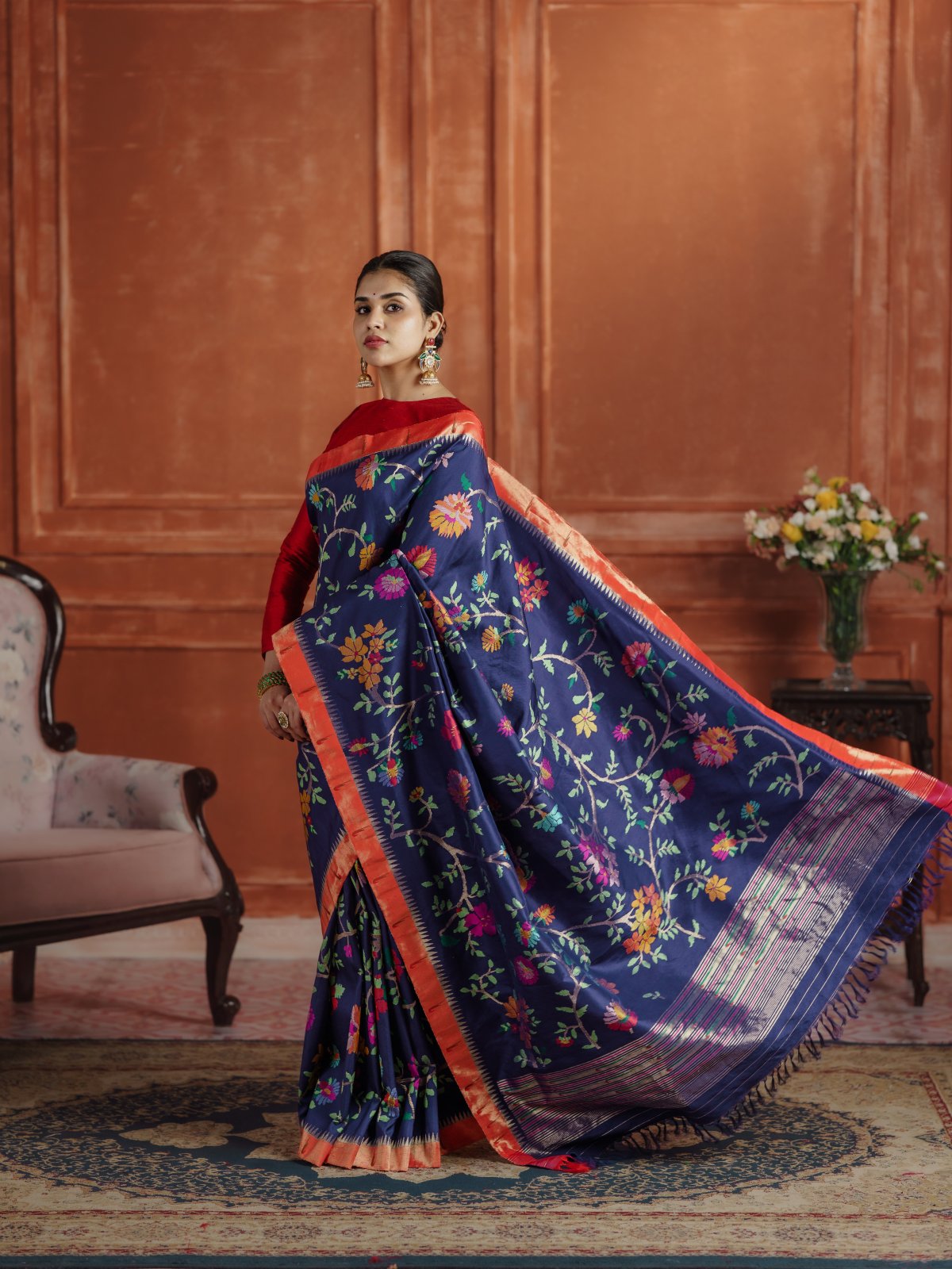 Curated 21 - Navy Blue Paithani Silk Saree With Red Muniya Border