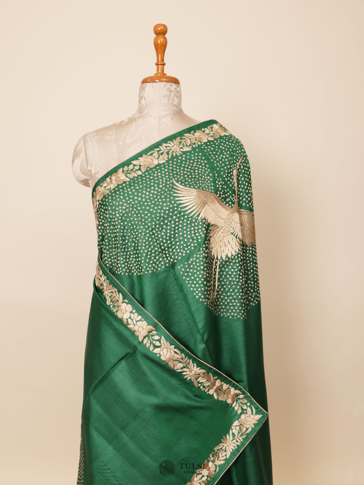Green Tussar Silk Saree with Floral Embroidery Border