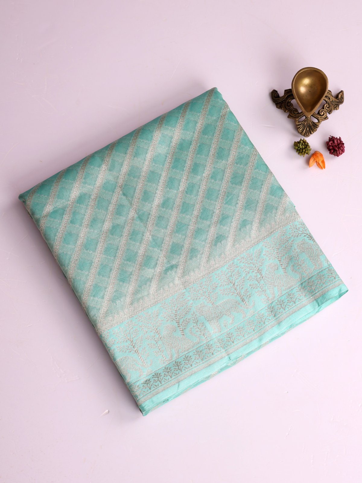 Light Blue Zari Striped Tissue Organza Silk Saree