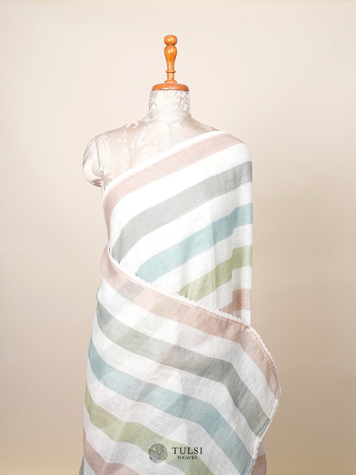 Multi Colour Stripes Linen Silk Saree with Embroidery Border