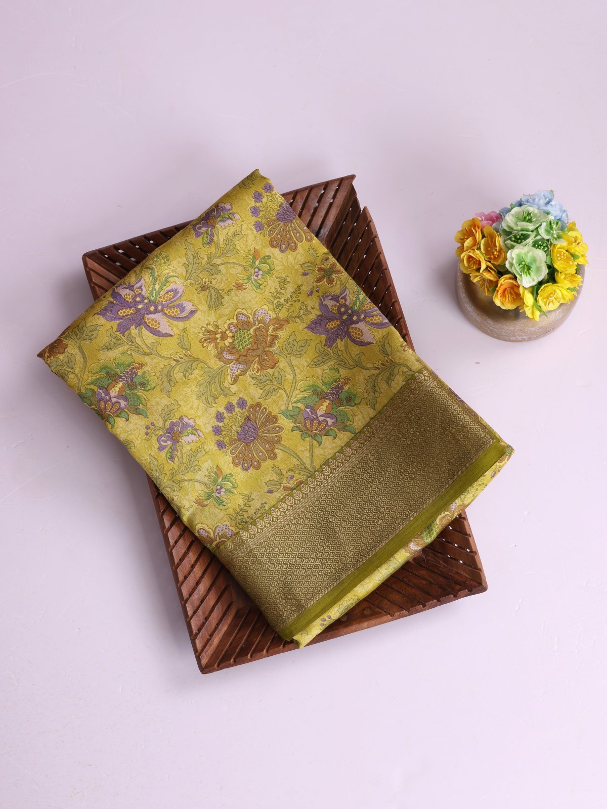 Greenish Yellow Printed Chaniya Silk Saree With Zari Border