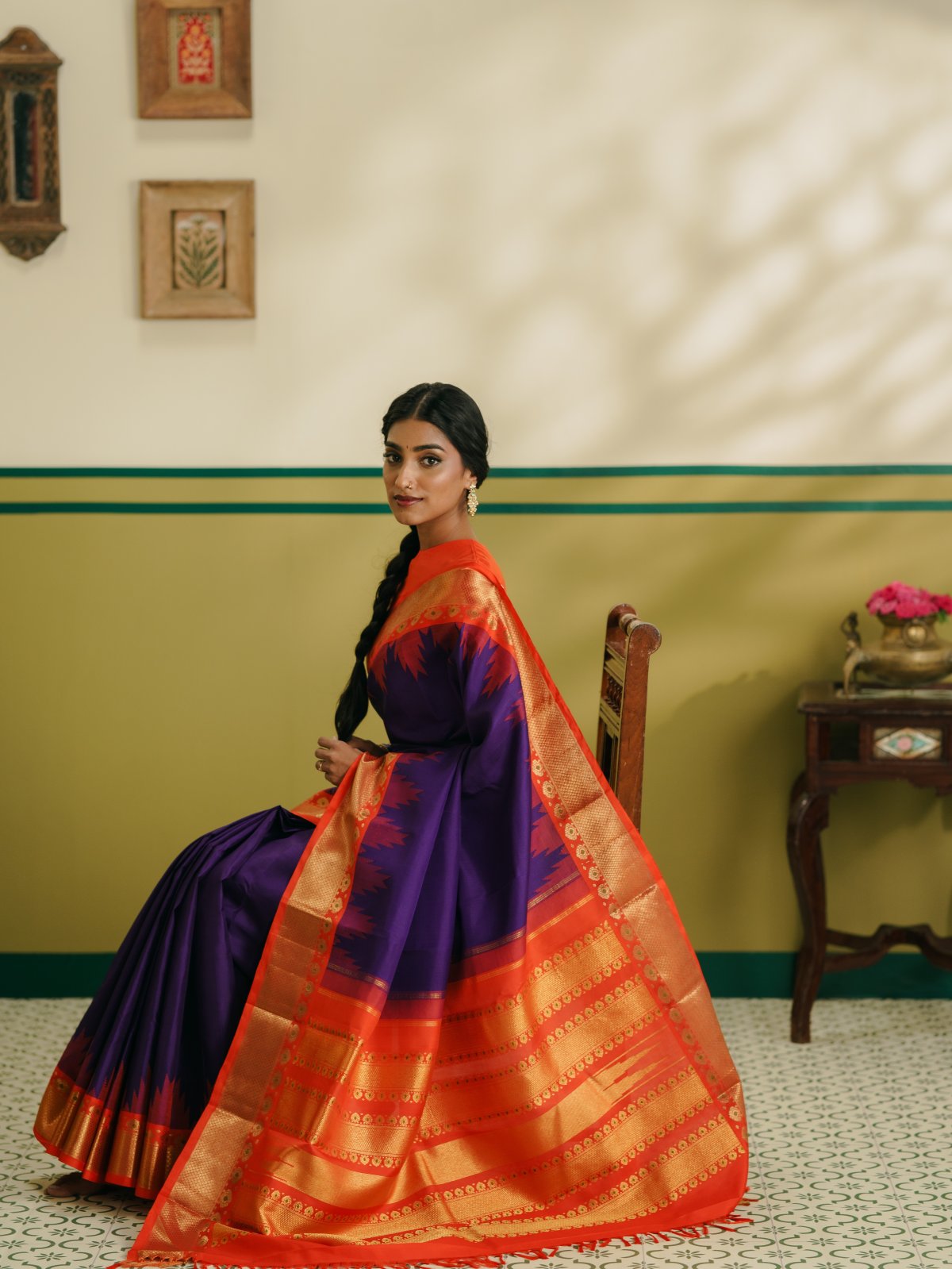 Vintage 30 - Dark Purple Kanjeevaram Silk Saree With Reddish Orange Thazhampoo Temple Border