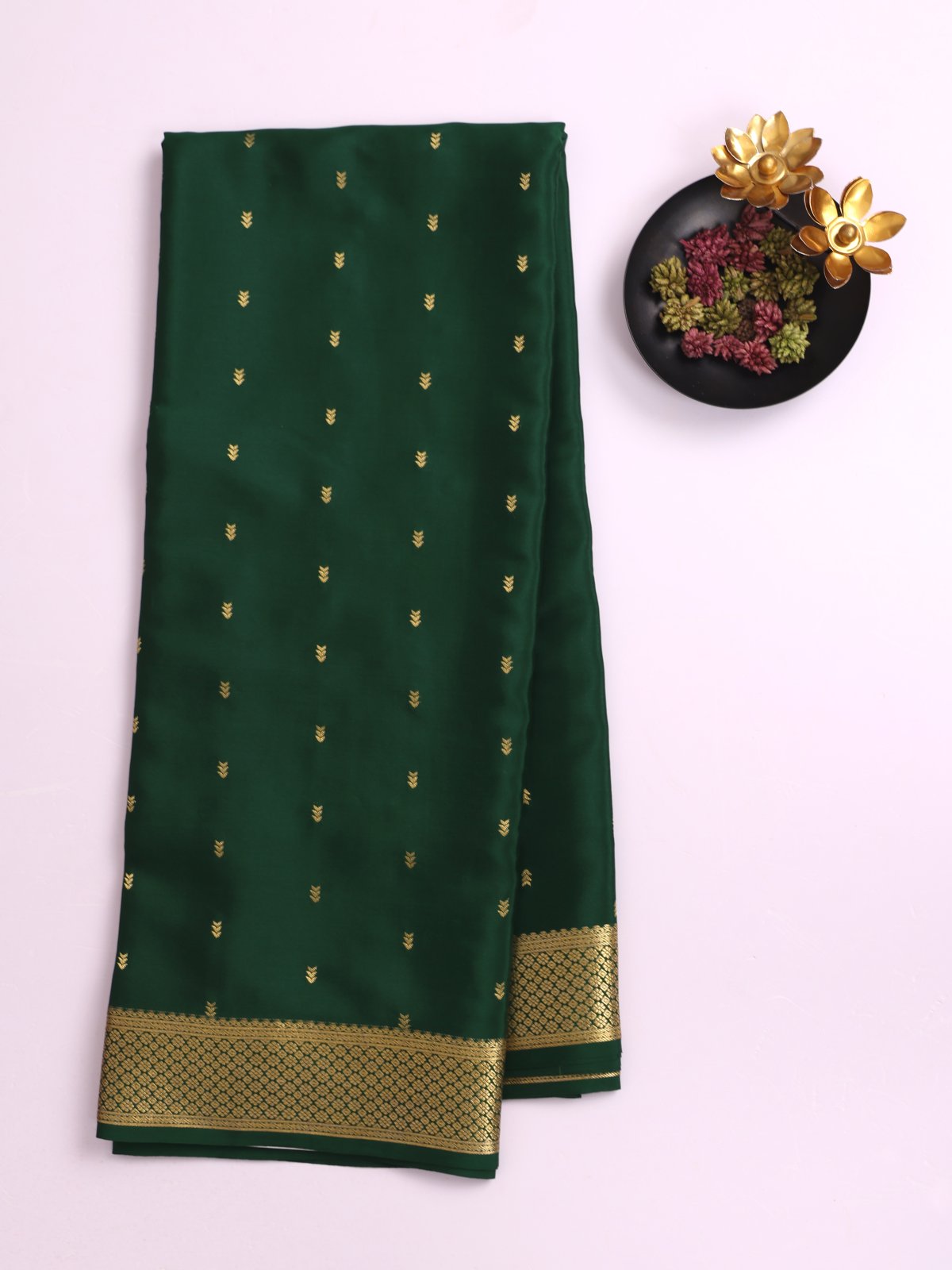 Dark Green Mysore Silk Saree With Zari Border