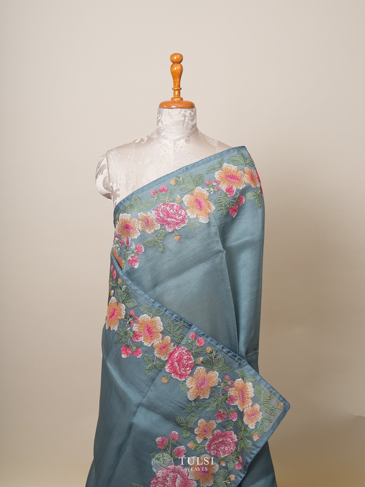 Zen Cadet Blue Organza Saree With Embroidered Border