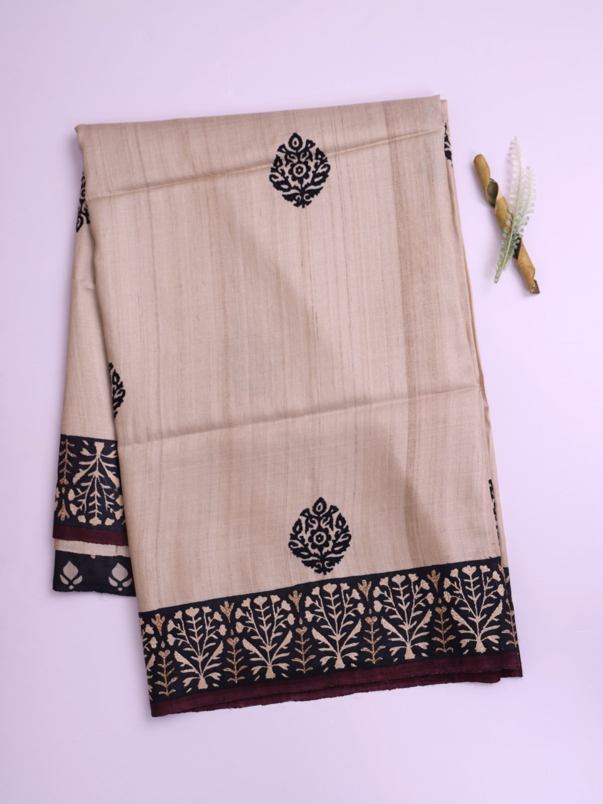 Beige Tussar Silk Saree with Kantha Embroidery