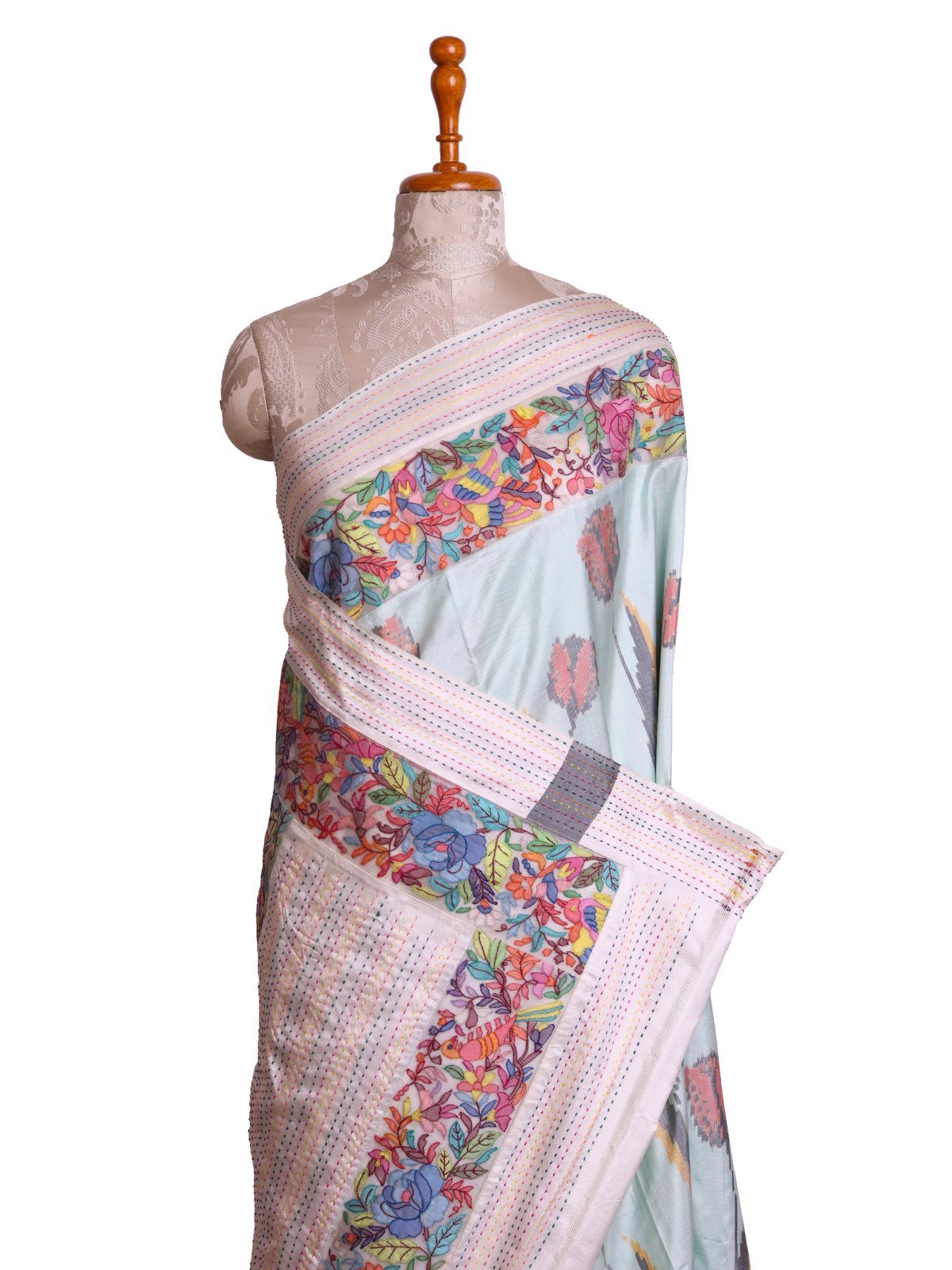 Light Bluish Green Patola Silk Saree with Shadow Embroidered Border