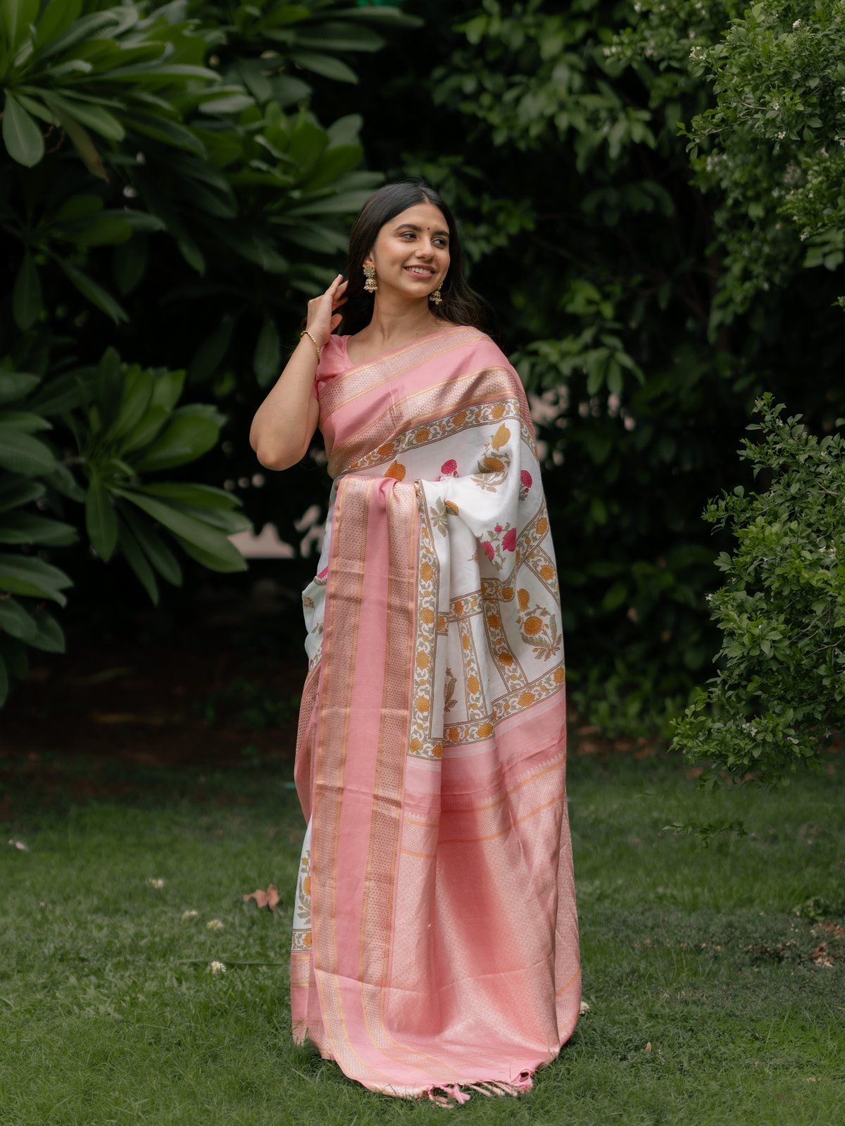 Floral Blockprint Kanjeevaram Silk Saree With Light Pink Zari Border