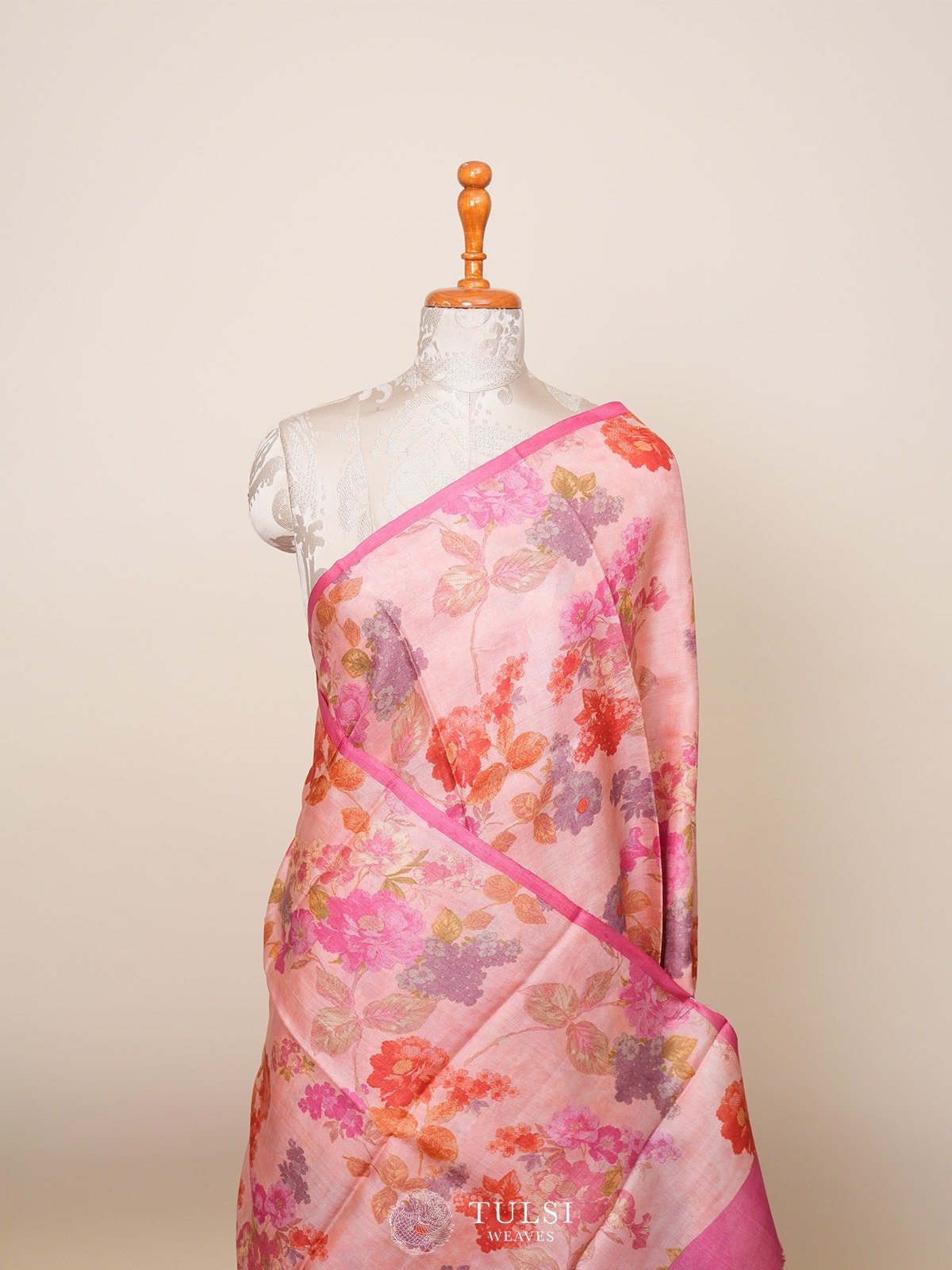 Peach Pink Printed Tussar Silk Saree