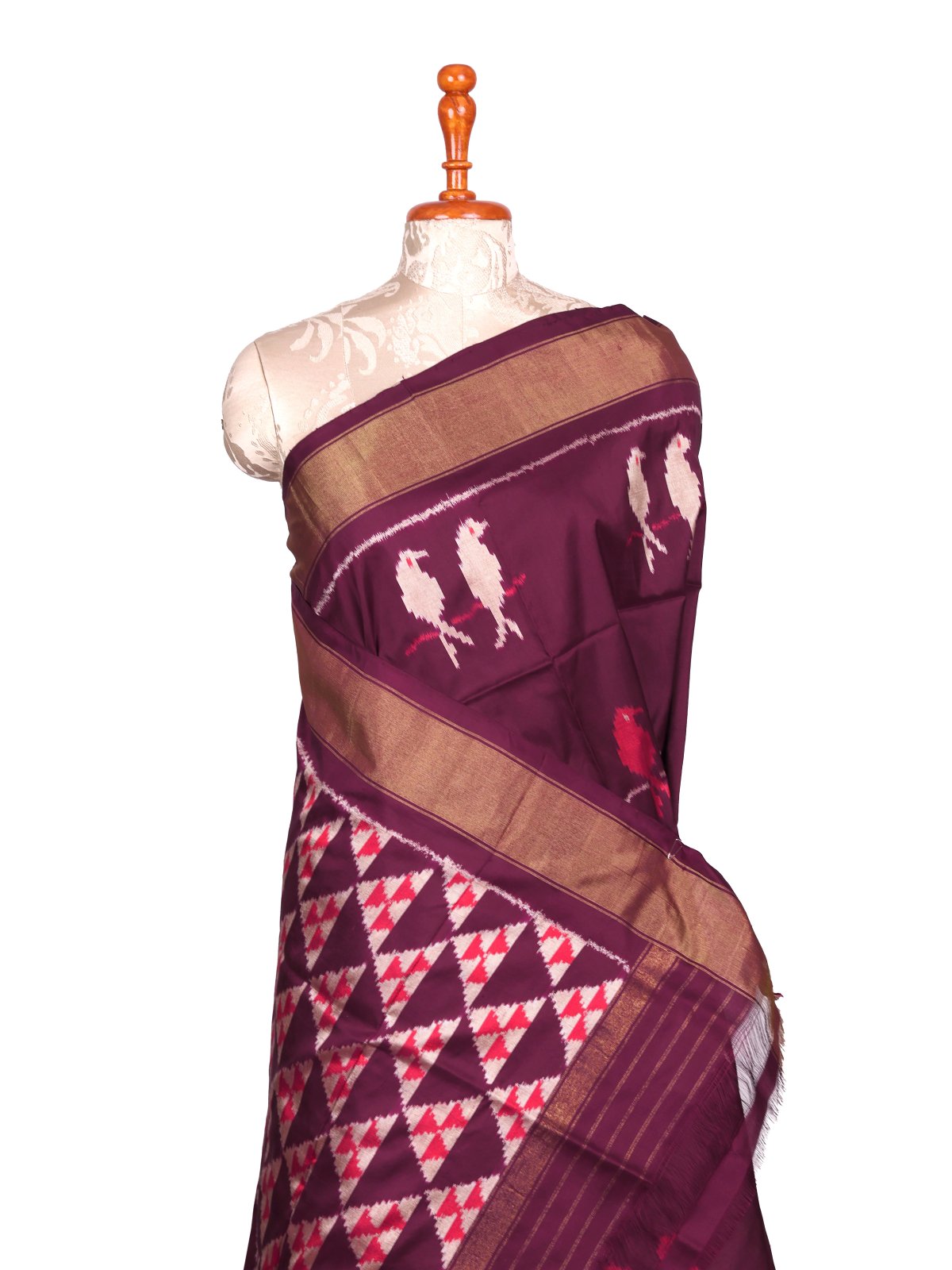 Burgundy Ikat Silk Saree With Zari Border