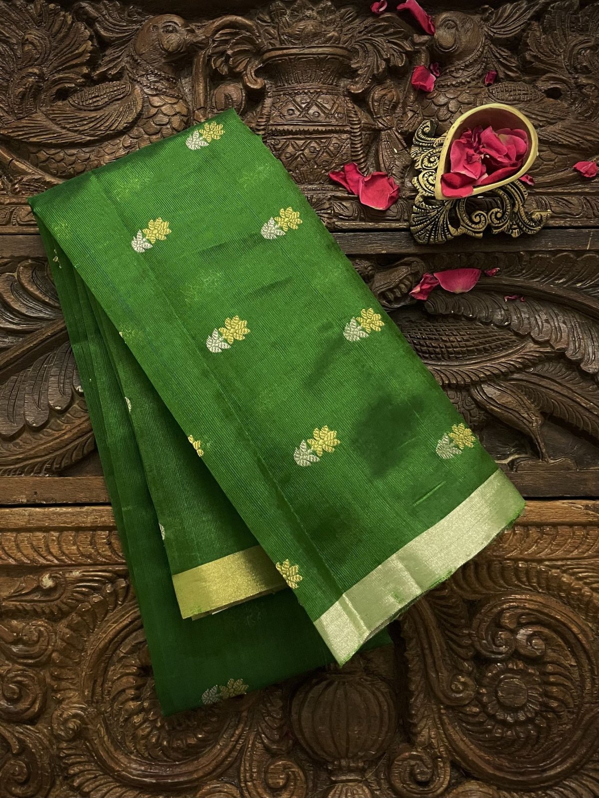 Leaf Green Chanderi Silk Blouse With Gold and Silver Zari Floral Motifs