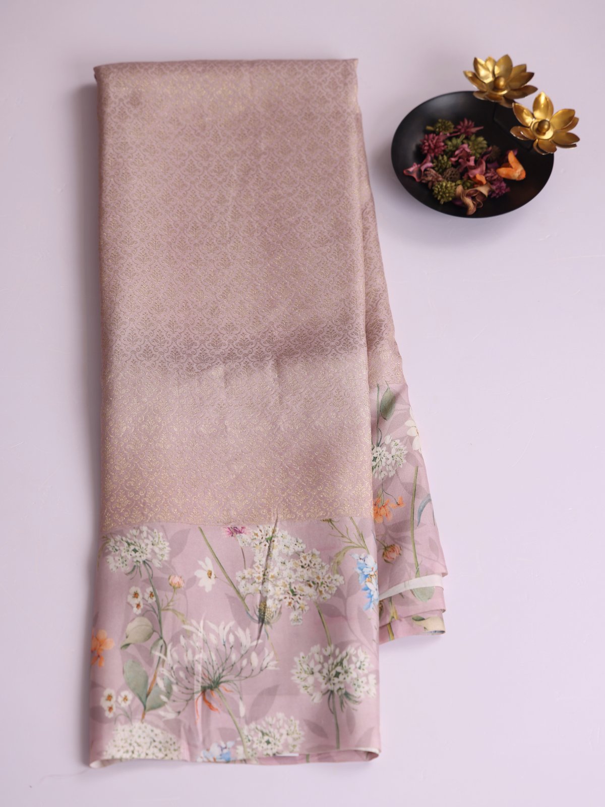 Dusty Pink Brocade Kanjeevaram Silk Saree With Printed Border