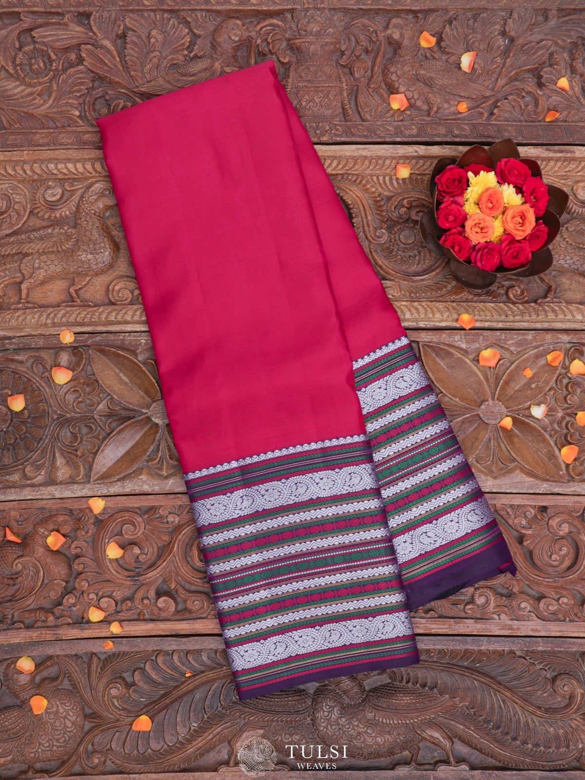 Pinkish Red Kanjeevaram Pattu Pett Silk Saree