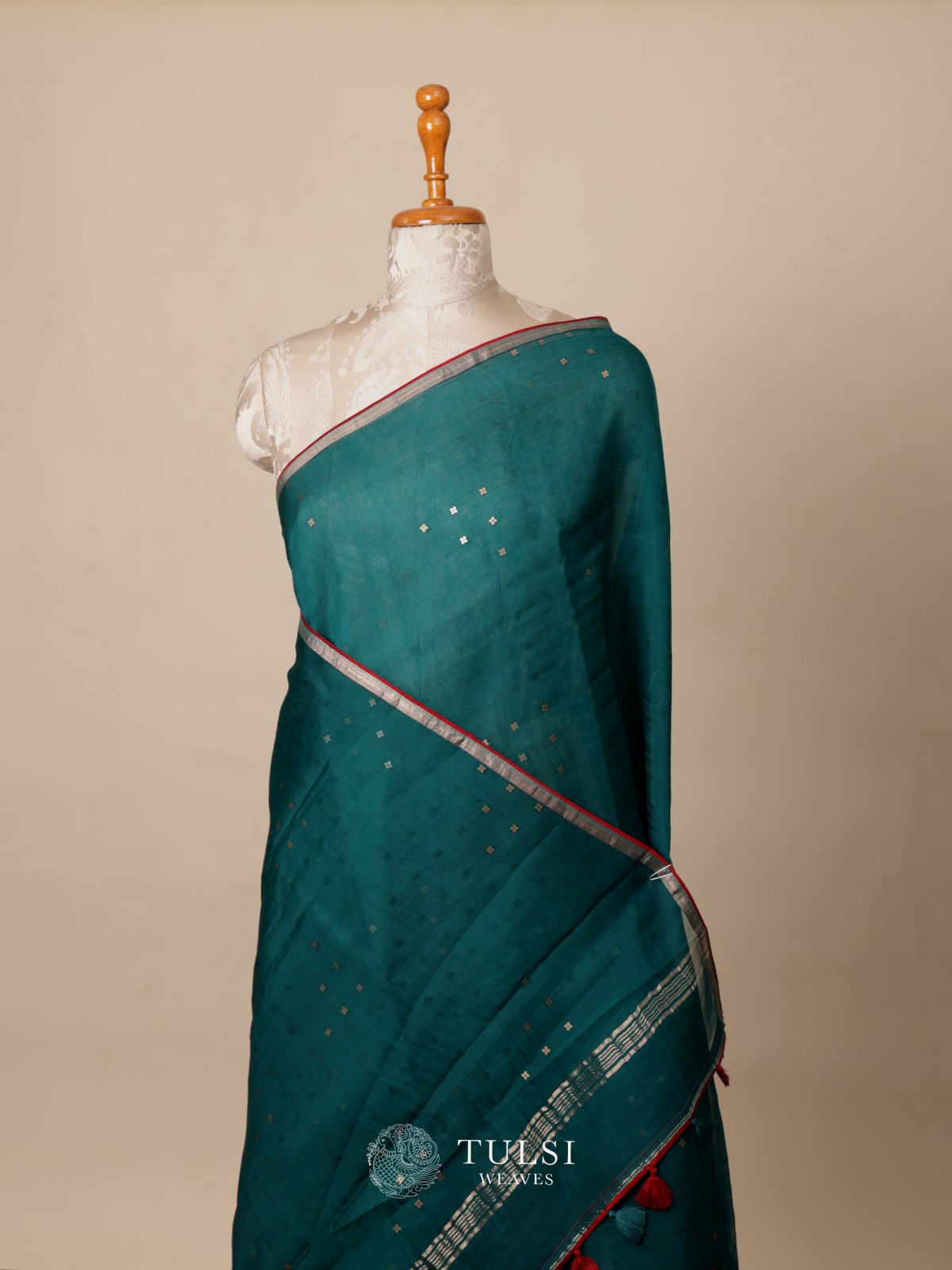 peacock green Organza Saree with a Kalamkari Blouse