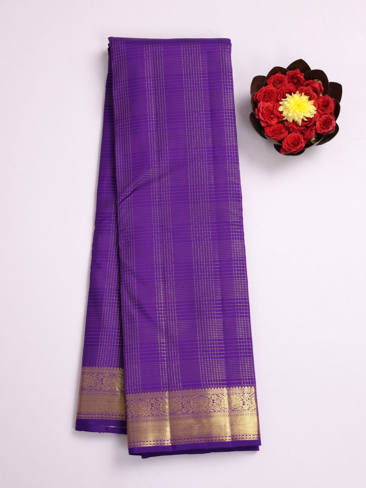 Violet Zari Checked Kanjeevaram Silk Saree With Zari Border