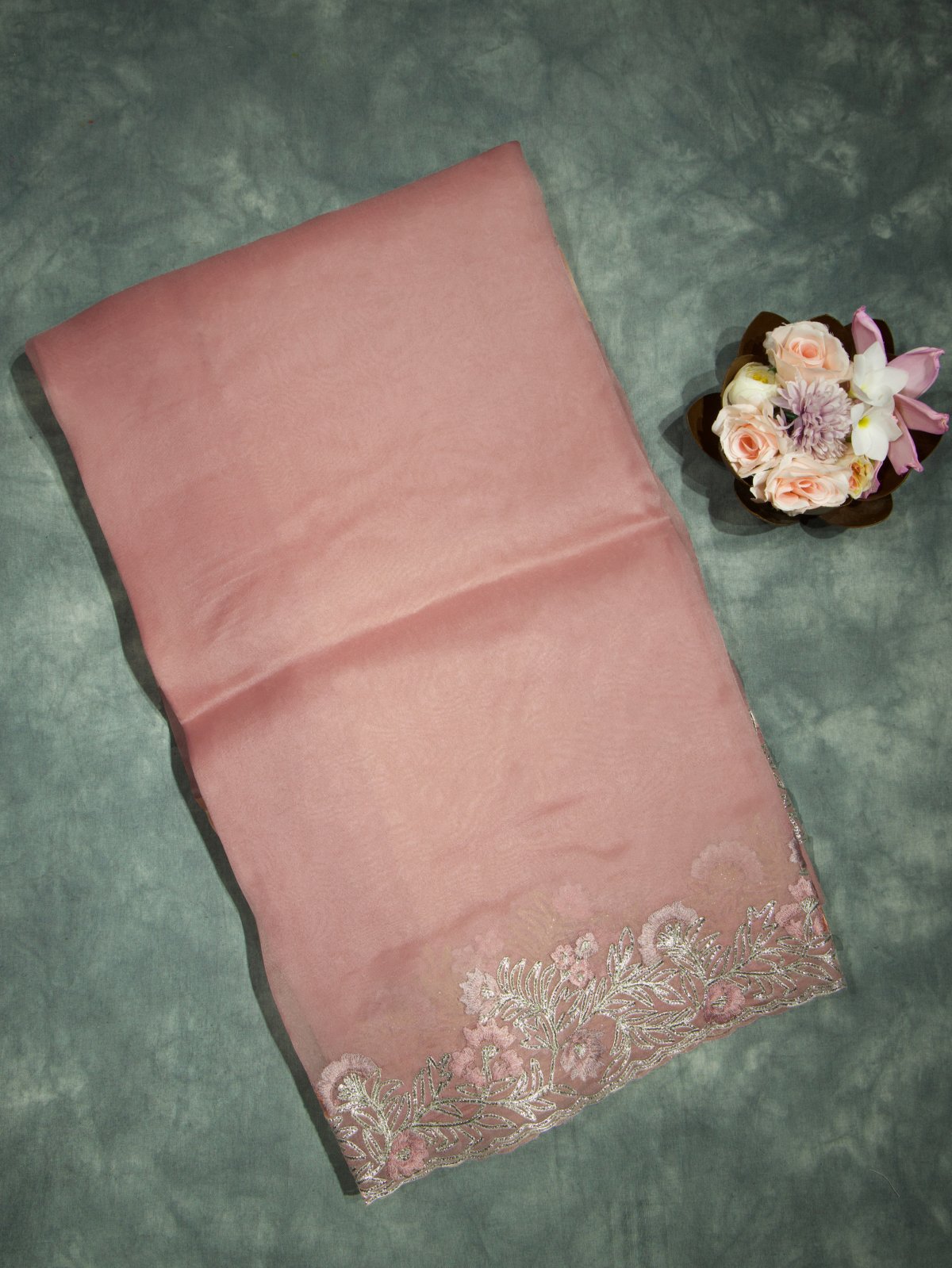 Light Peach Organza Saree With Floral Embroidery