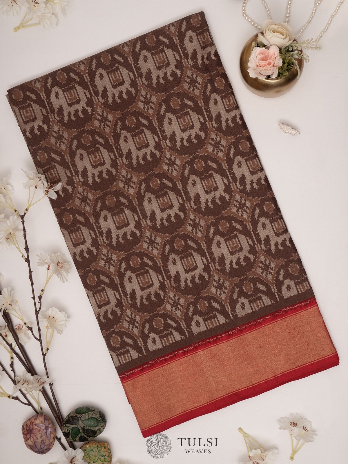 Brown Ikat Silk Saree with Red border